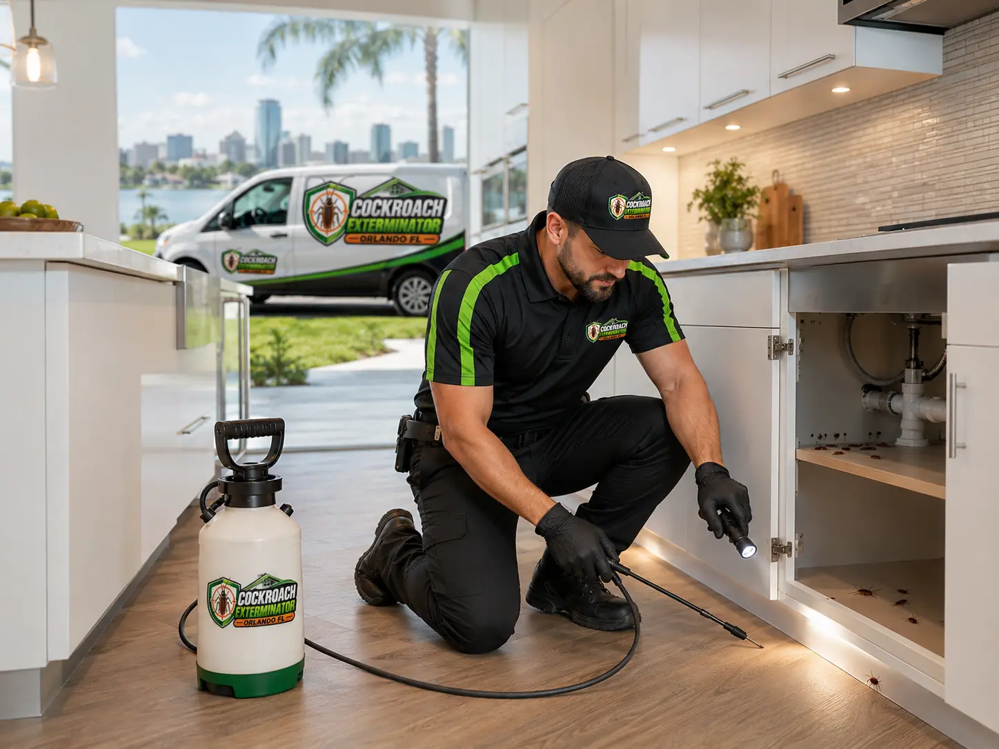 Technician inspecting under a kitchen cabinet for cockroach activity