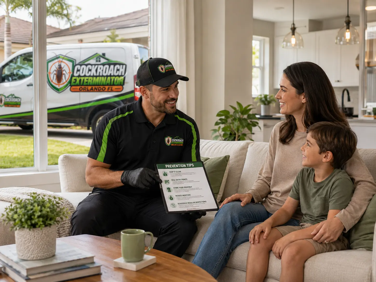 Pest professional discussing prevention steps with a family at home