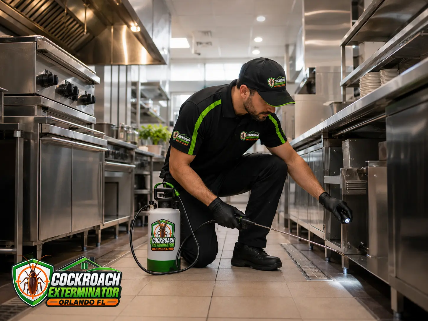 Pest control inspection along equipment lines in a commercial kitchen
