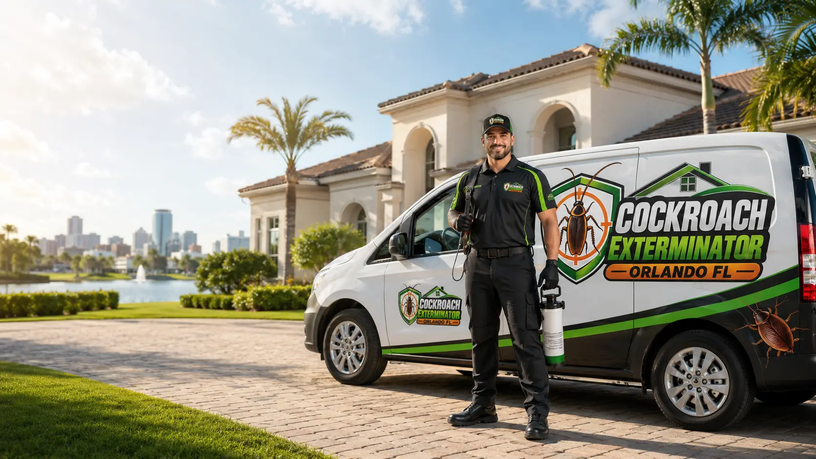 Orlando cockroach control technician beside pest control service van